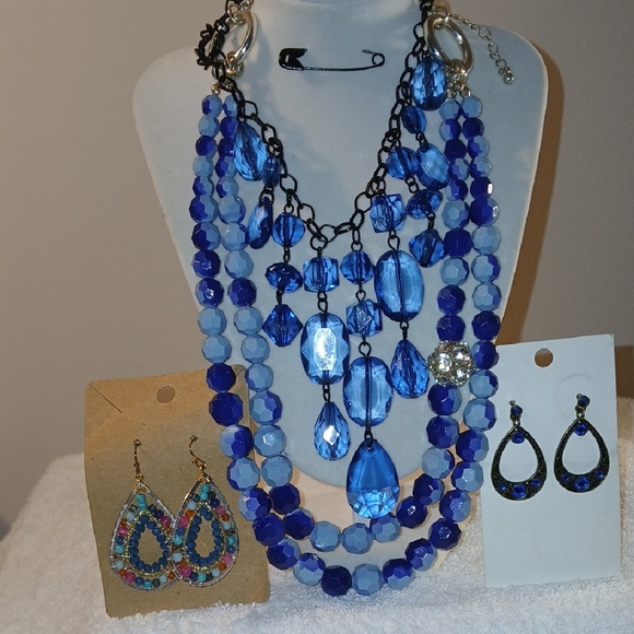 Jewelry - Blue Multi-Strand Statement Necklace, Earrings/Bundle